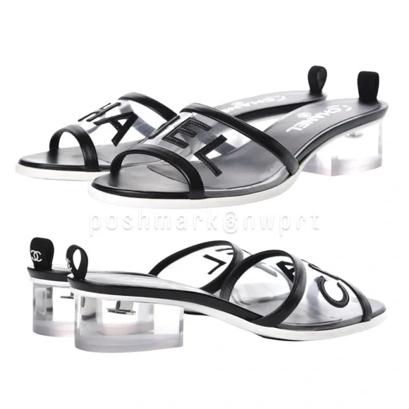 CHANEL 💯 Logo PVC Slides Sandals Mules Transparent Clear Black 37 7 Box Bag SS19 - Picture 5 of 17
